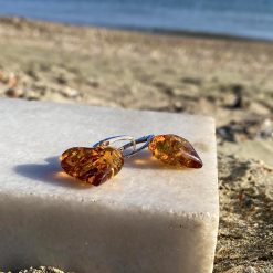 Cercei din chihlimbar și argint în formă de inimă • Bijuterii argint prețuri accesibile