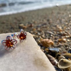Cercei din argint și chihlimbar în formă de floare