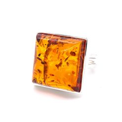 Inel din argint reglabil cu chihlimbar și piatra patrată