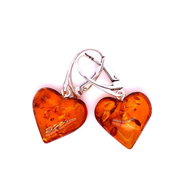 Cercei inima din chihlimbar și argint în formă de inimă • Bijuterii chihlimbar si argint prețuri accesibile